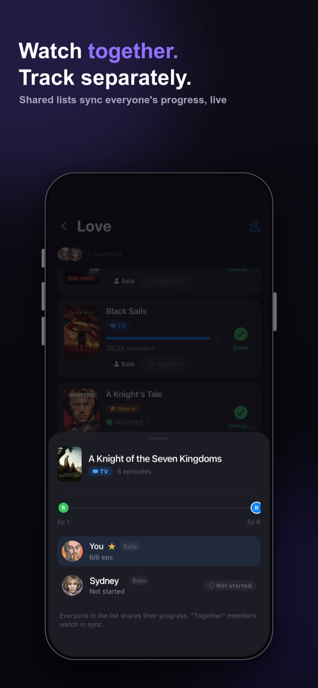 Shared lists — watch together with friends, progress in sync