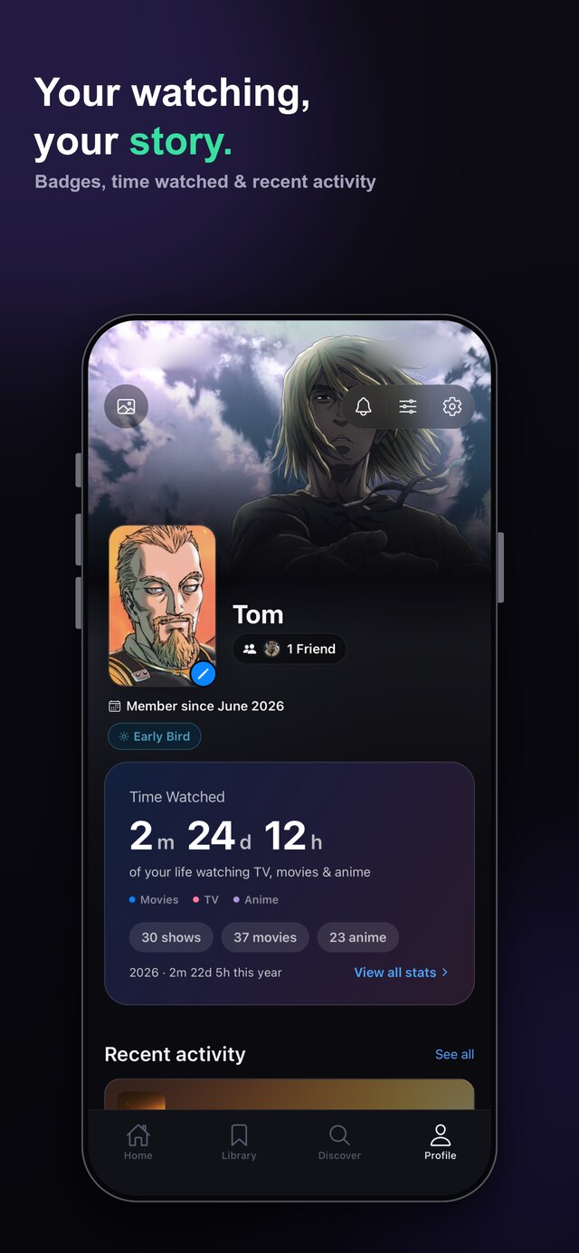 Your profile — time watched, badges and recent activity
